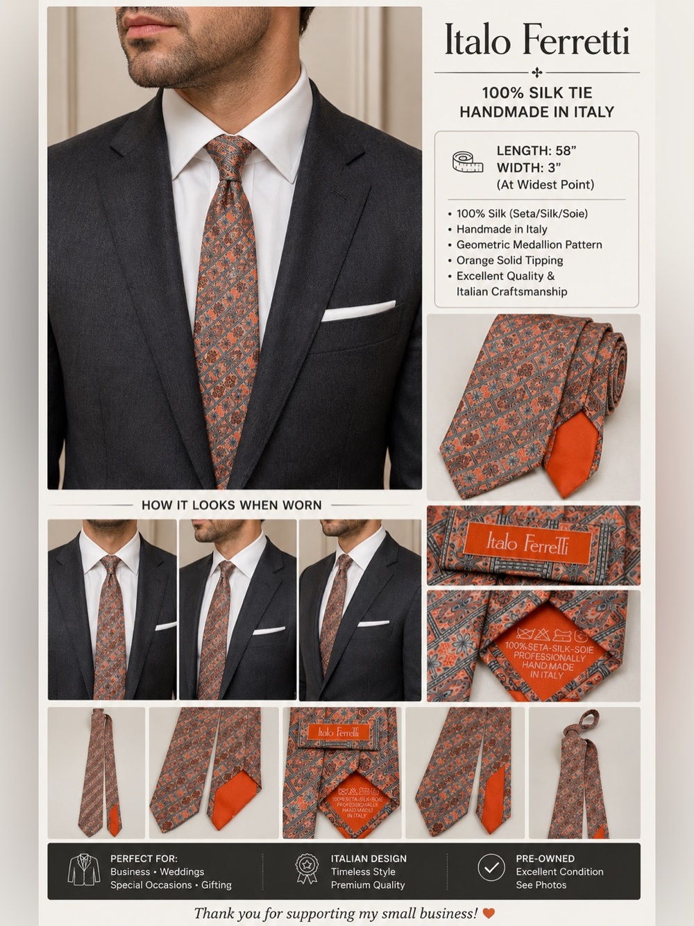 Italo Ferretti 100% Silk Tie Handmade Italy Orange Gray Geometric 58" x 3"